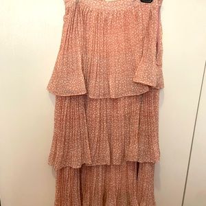 Long maxi skirt pink pleated layers white dots chiffon